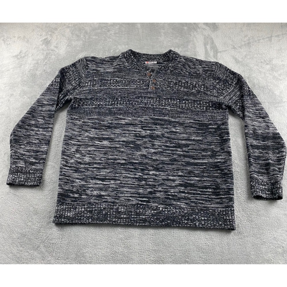 H2H Mens Henley Sweater 2XL Black White Marled Space Dye Knit Long Slv Pullover